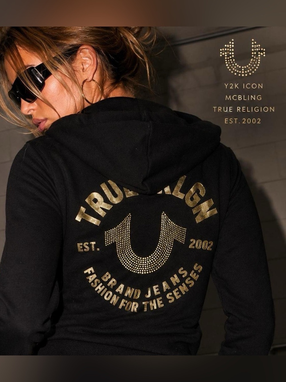 True Religion Black Gold Rhinestone Zip Hoodie Size XL Y2K